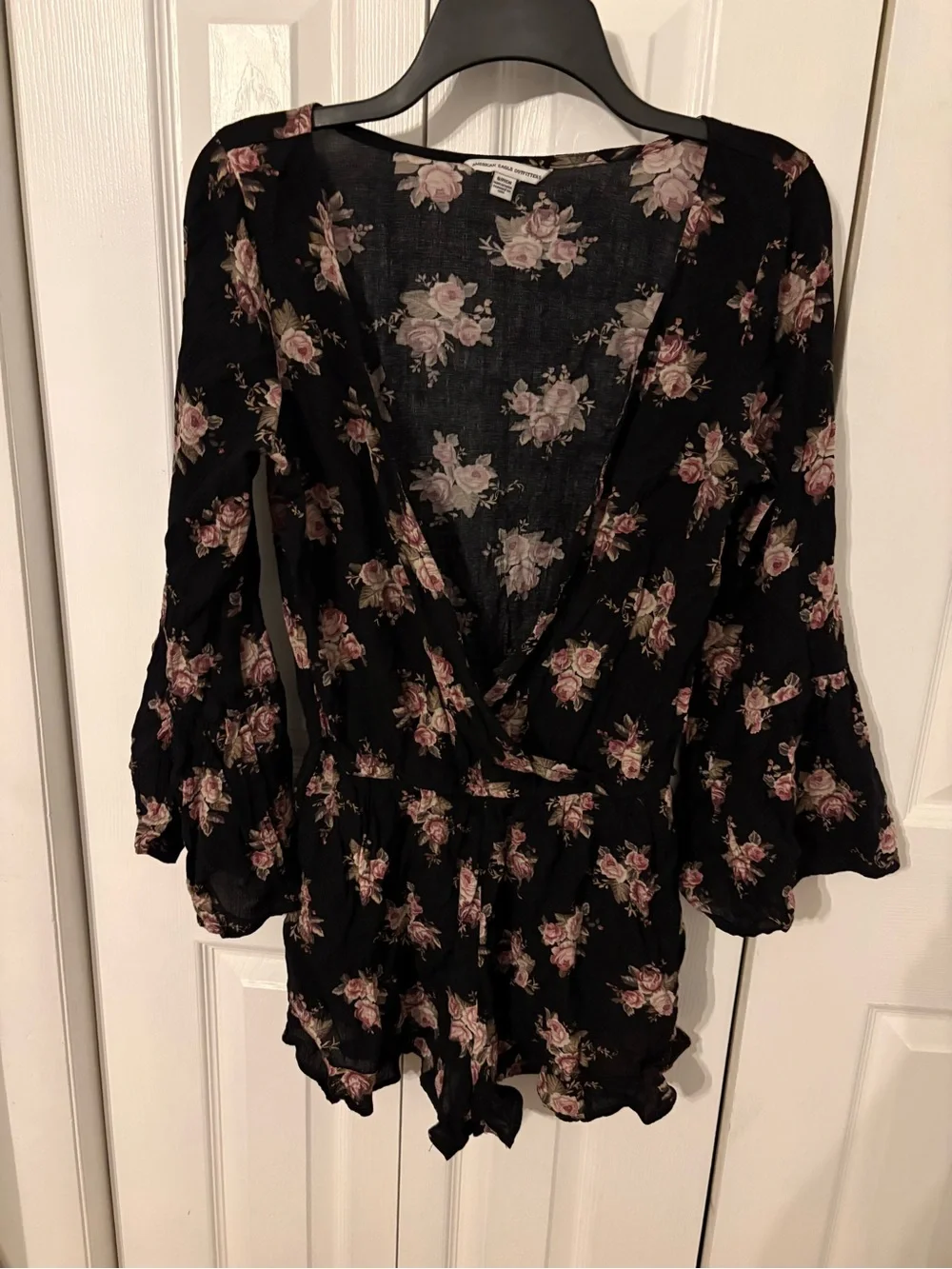 American Eagle Outfitters Black Top with Pink Rose Print